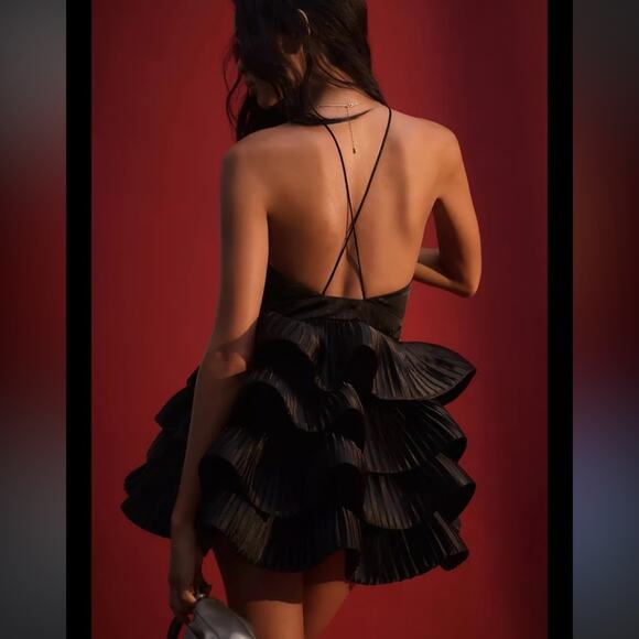 Maeve Sleeveless Tiered Mini Dress Plunging Neckline Open Back Black Size 12 - Picture 7 of 9